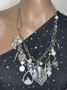Upcycled Silver Tone Multi-Charm Crystal & Pearl Statement Necklace Fun Gift